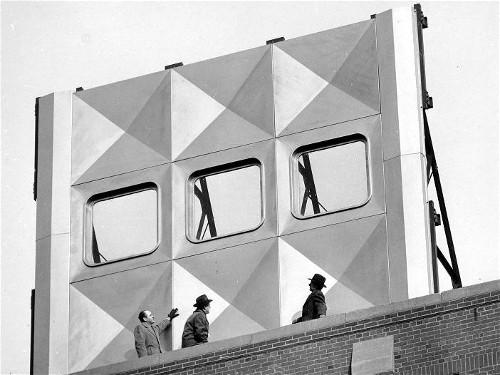 A section of the revolutionary
stamped aluminum panels.