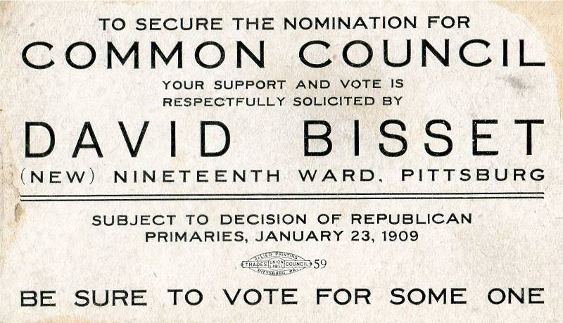 Election card for David Bisset - Common Council - 1909.