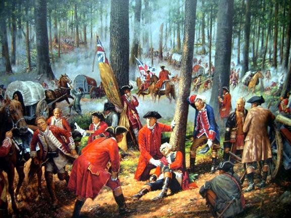 General Braddock lies mortally wounded
at the Battle of the Monongahela.