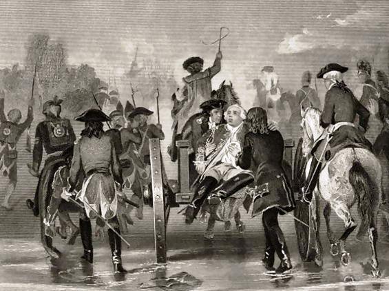 The mortally wounded General Braddock being
led from the battlefield during the retreat.