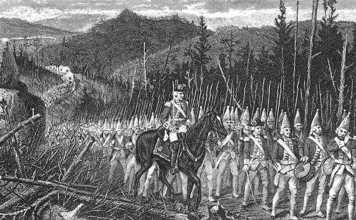 General Edward Braddock leads his army through
Southwestern Pennsylvania to Fort Duquesne.