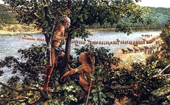 Advanced units of Braddock's Army
cross the Monongahela River.
