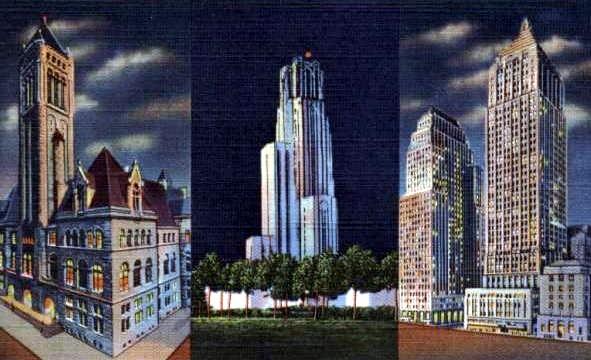 The Allegheny County Courthouse, the Cathedral
of Learning and the Gulf Building in night scenes.
In 1890 the courthouse was the tallest building in
the city. By 1932 the Cathedral and Gulf Building
were built to heights of over 550 feet.