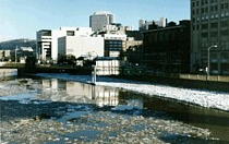 The Allegheny Riverfront under water and ice - January 1996