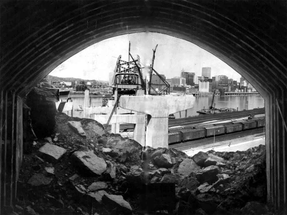 Looking out the lower north portal of the Fort Pitt
Tunnels at downtown Pittsburgh - May 25, 1958.