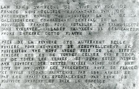 One of the lead plates buried by
Pierre-Joseph Celeron de Blainville.