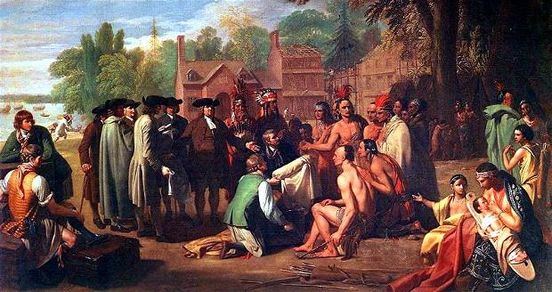 Native Americans of the Iroquois tribe conduct
trade with European settlers in Pennsylvania.