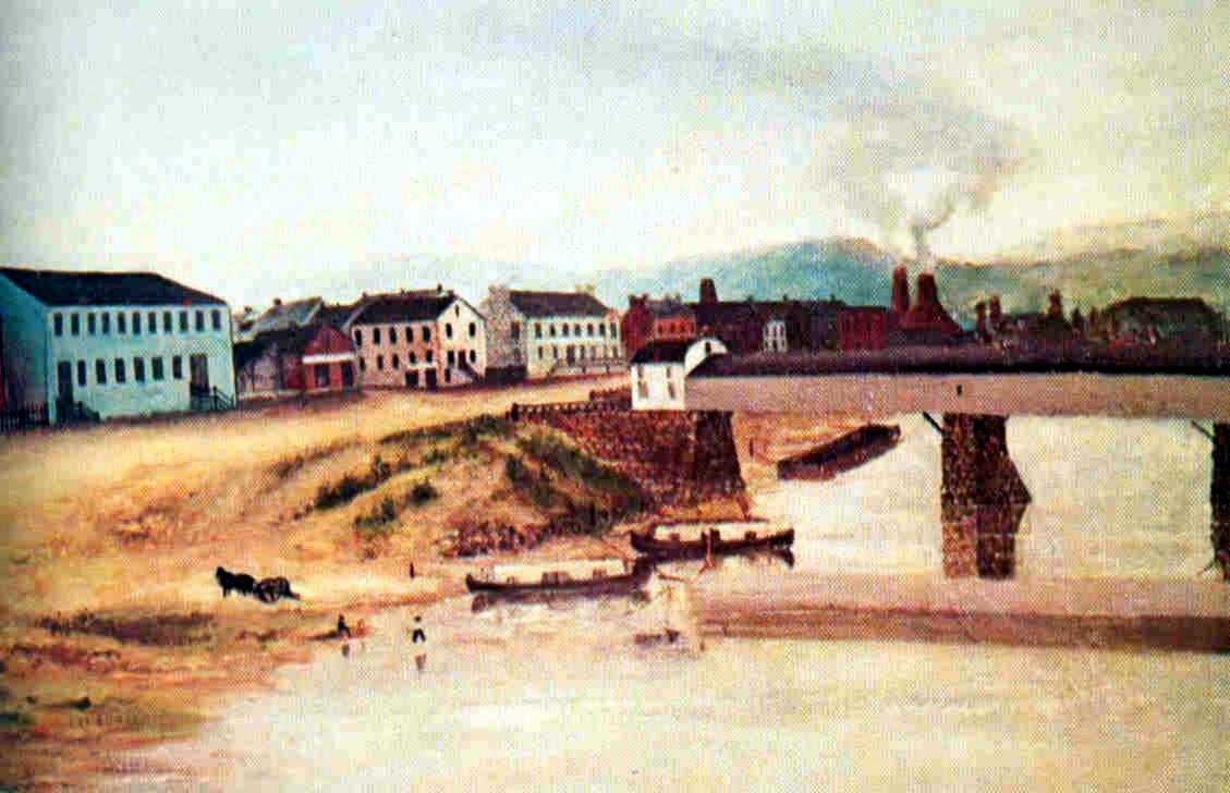 The Monongahela Wharf
 in the early 1800s near the Monongahela Bridge.