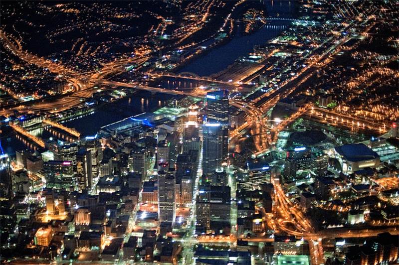 Pittsburgh at night from an airplane.