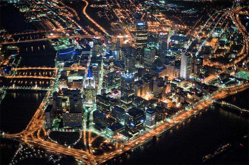 Pittsburgh at night from an airplane.