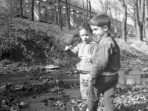 Children play in the creek below
Corrigan Drive. The new Skybus tracks
stand in the background - Fall 1966.