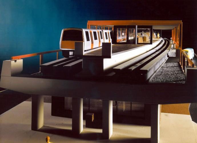 A 1969 model showing one of the
proposed Skybus boarding stations.