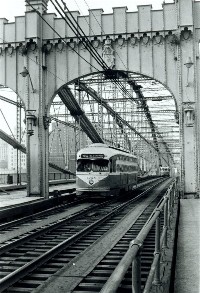 Trolley crosses the Smithfield Bridge enroute to the South Hills - 1967.