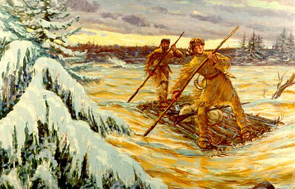 Major George Washington and his guide
Christopher Gist cross the Allegheny
River after Washington's meeting with
the French commander at Fort LeBoeuf.
