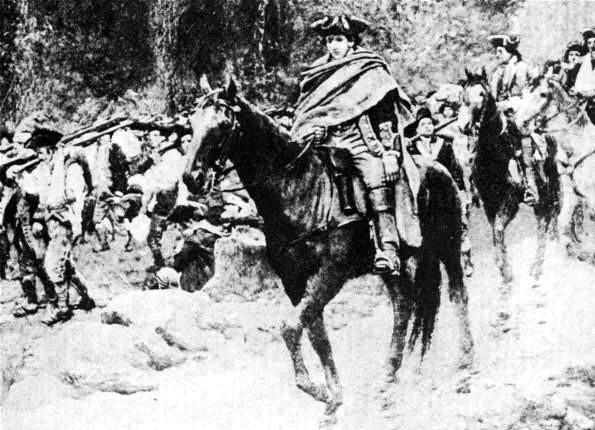 Major George Washington and his troops
 retreat from Fort Necessity - 1754