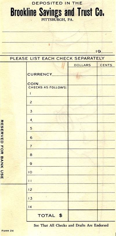 Deposit Slip for the Brookline Savings and Trust
