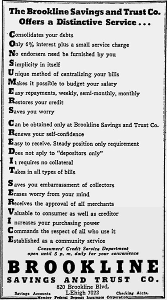 Brookline Savings and Trust Ad - 1937