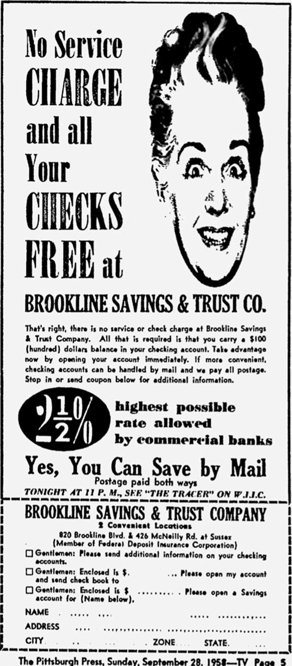 Brookline Savings and Trust Ad - 1958