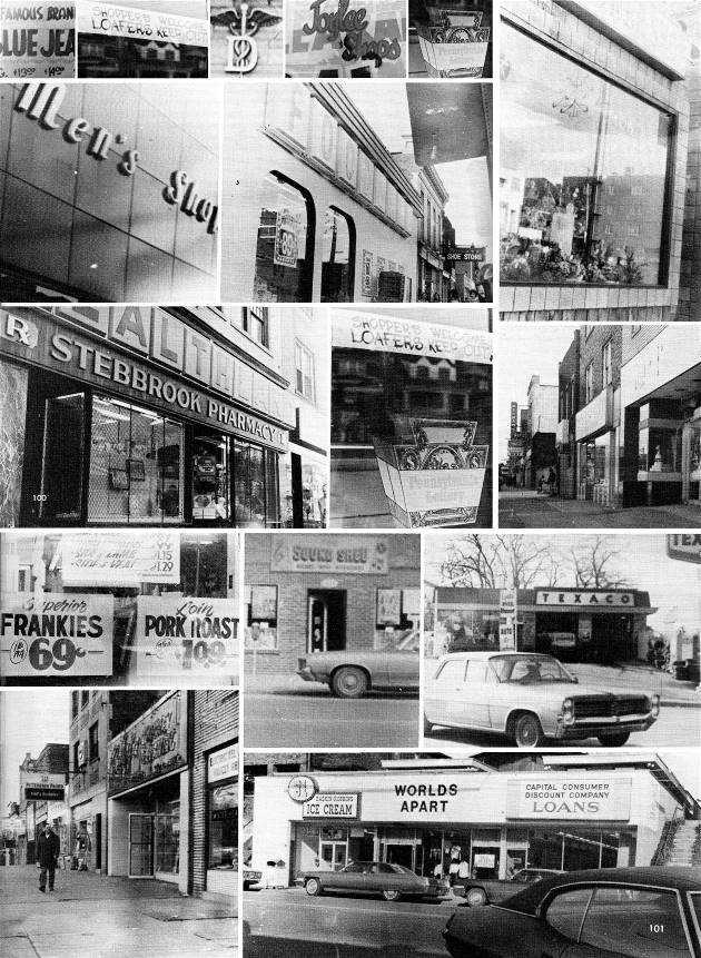 A collage of Brookline businesses as seen in 1975.