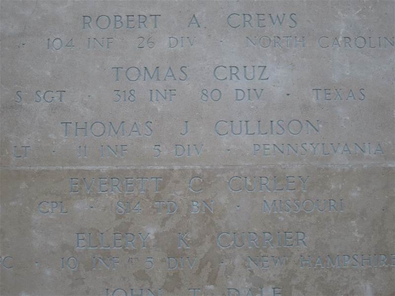 Tommy Cullison's name on the Tablets of the Missing
at the Lorraine American Cemetery in France.