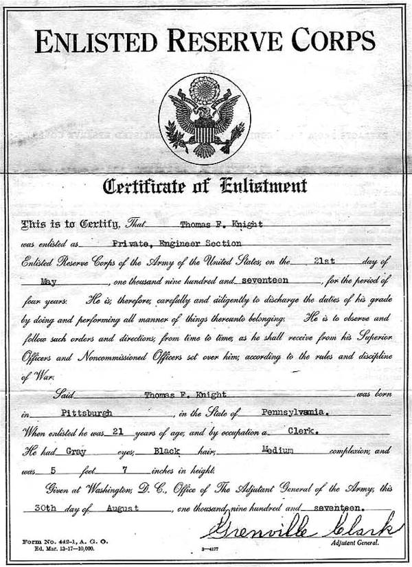 Enlistment paper for Thomas Knight