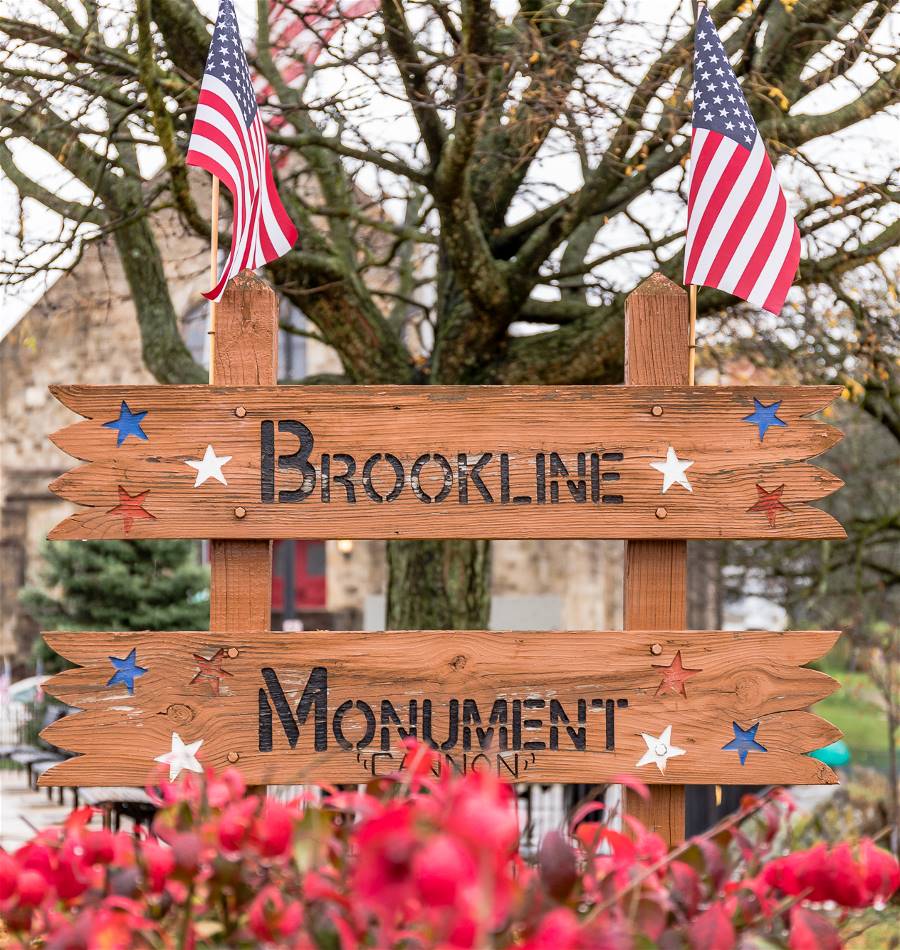 The Brookline Monument. Veteran's Memorial Park and The Cannon.