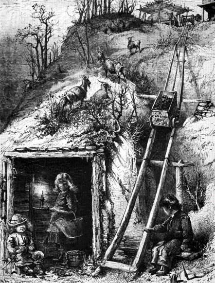 A family coal mine
as sketched in the Pittsburgh
area by artist H. Fenn