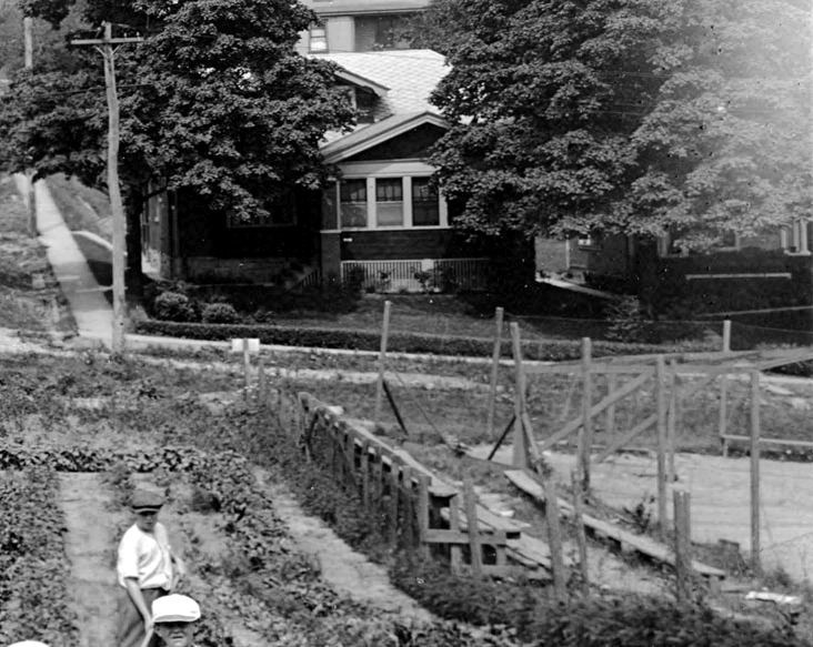A glimpse of the ballfield bleachers,
player benches and backstop - 1916.