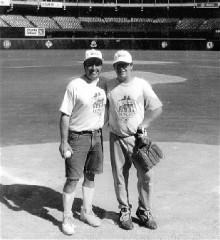 Brookline won the Mayor's Cup at
Three Rivers Stadium in July 1999.
Manager Bob Healy and his son Bob
pose at home plate after the game.