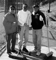 Bud Cambest, Tony Colangelo and Kurt DeLuca
tidy up for the Opening Day festivities, 1999.