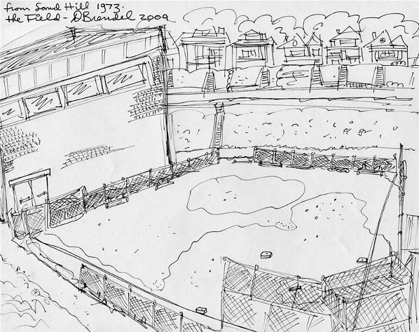 Drawing by Doug Brendel, 2009.
This is pretty much how it looked
in 1973 from the top of the hill.
Drawn from memory. Good job!