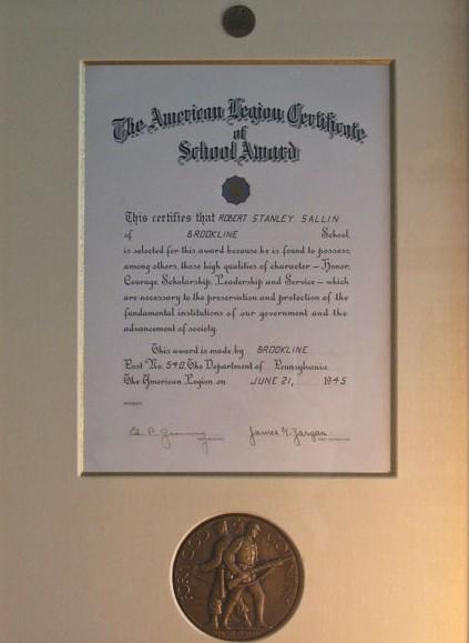 Certificate - Outstanding Graduating Student
awarded to Robert S. Sallin -  June 1945.