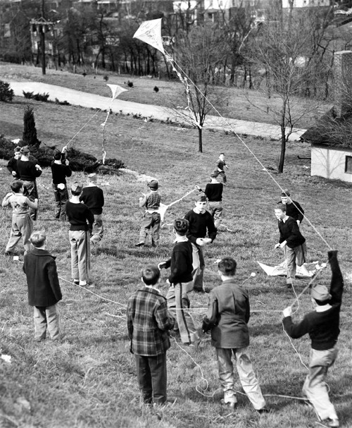 Students from Toner Institute flying kites - 1949