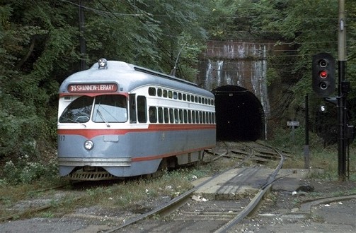 Trolley exiting the Trolley Tunnel
at the South Hills Junction.